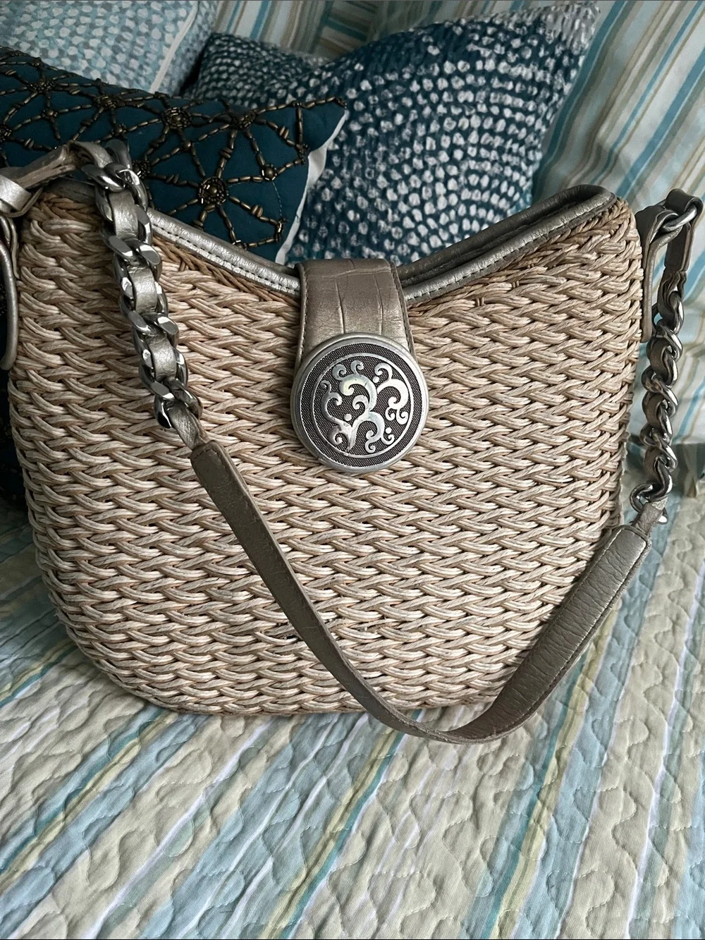 Brighton Woven Straw Shoulder Bag with Silver Trim
